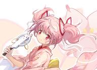 1girl alternate_costume anime blush bow close-up commentary dot_nose dress eyebrows_visible_through_hair floating_hair flower general gloves hagoita hair_ribbon hand_up highres japanese_clothes kaname_madoka kaname_madoka_(haregi_ver.) kimono kimono_skirt kyubey looking_to_the_side magia__mahou_shoujo_madoka_magica_gaiden magia_record_mahou_shoujo_madoka_magica_gaiden mahou_shoujo_madoka_magica obi objectification paddle petals pink_dress pink_eyes pink_hair red_ribbon ribbon safe sash shan_tong_tong smile solo twintails upper_body waist_bow white_background white_gloves // 2078x1489 // 1.0MB