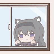 1girl akemi_homura animal_ears black_hair black_hairband blush cat_ears cat_girl chibi closed_mouth expressionless hairband long_hair long_sleeves looking_at_viewer lowres mahou_shoujo_madoka_magica purple_eyes solo violet_eyes window yuno385 // 500x500 // 268.1KB