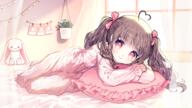 1girl ahoge bed_sheet bow brown_hair closed_mouth commission curtains day frilled_pillow frills hair_bow heart_ahoge highres indoors long_sleeves looking_at_viewer lying mechuragi on_side original pillow pink_bow plant potted_plant puffy_long_sleeves puffy_sleeves red_eyes safe signature sleeves_past_wrists smile solo stuffed_animal stuffed_bunny stuffed_toy sunlight twintails window // 1600x900 // 1.6MB