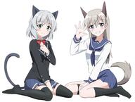 2girls alternate_costume animal_ears black_socks black_thighhighs blue_eyes blue_skirt blush breasts cat_ears cat_tail closed_mouth commentary_request dress eila_ilmatar_juutilainen fox_ears fox_tail full_body general green_eyes grin highres kanata_mako long_hair looking_at_viewer miniskirt multiple_girls pleated_skirt sailor_dress sanya_v._litvyak school_uniform shiny shiny_hair short_hair simple_background sitting skirt small_breasts smile socks strike_witches tail thigh-highs white_background white_hair world_witches_series // 2048x1548 // 211.5KB