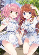 2_girls arm_up belt blue_eyes blush bobby_pin bra braid_(braids) brown_eyes brown_hair building_(buildings) buttons d dengeki_moeou double_buttons girl hair_ornament hair_ribbon hair_tie hairclip hinakawa_konomi holding_hands kimishima_ao light_erotic lingerie long_hair looking_at_viewer multiple_girls no_bra nopan open_mouth original outdoors panties pantsu pink_hair plant_(plants) questionable rain ribbon_(ribbons) scrunchie see_through seifuku short_hair side_braid standing standing_on_one_leg star_hair_ornament tall_image transparent_clothing tree_(trees) twintails underwear wet_clothes x_hair_ornament yande.re yuzuki_kanae // 1357x1920 // 1.1MB