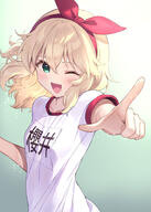 1girl ;d blonde_hair blush breasts collarbone floating_hair general green_eyes gym_shirt hairband highres idolmaster idolmaster_cinderella_girls idolmaster_cinderella_girls_u149 matanonki name_tag one_eye_closed open_mouth pointing red_hairband sakurai_momoka shirt short_sleeves simple_background small_breasts smile solo sweatdrop upper_body // 1325x1859 // 1.2MB