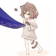 1girl aged_down ahoge alternate_costume animal_ears blush braid braided_bangs brown_eyes brown_hair brown_hoodie cape cat_ears cat_girl cat_tail clothes_pull crossed_bangs hololive hololive_english hood hoodie looking_up multicolored_hair nanashi_mumei off_shoulder official_alternate_hairstyle oversized_clothes potato7192 sensitive short_hair squiggle streaked_hair tail tail_wrap virtual_youtuber // 1180x1179 // 99.3KB