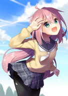 1girl ahoge beige_sweater black_legwear black_pantyhose cloud clouds cloudy_sky d day eyebrows_visible_through_hair general green_eyes grey_sailor_collar grey_skirt highres kagamihara_nadeshiko leaning_forward long_hair long_sleeves neckerchief open_mouth outdoors paid_reward_available pantyhose pink_hair reward_available safe sailor_collar skirt sky smile solo thick_eyebrows white_neckerchief white_neckwear win_opz yurucamp // 849x1200 // 282.5KB