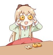 1_female 1girl blonde_hair buttons chibi collar collared_shirt female food fruit general hair_ribbon indoors jpeg_artifacts kotatsu long_hair long_sleeves low_resolution lowres mandarin_orange namori nightwear open_mouth pajamas ribbon safe shadow shirt simple_background smile solo table toshinou_kyouko white_background yuru_yuri // 478x497 // 30.9KB