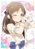 1girl absurdres blue_bow blush bow brown_eyes brown_hair clock commentary_request dress gloves grin hair_bow hands_up heart heart_hands highres idolmaster idolmaster_cinderella_girls long_hair looking_at_viewer one_eye_closed roman_numeral sensitive smile solo strapless strapless_dress tachibana_arisu white_dress white_gloves yukie_(kusaka_shi) // 1845x2571 // 639.9KB