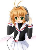 90s ahoge blush brown_hair card_captor_sakura cardcaptor_sakura child female flipper green_eyes headphones kinomoto_sakura music open_mouth pixiv safe school_uniform short_hair simple_background smile solo uniform white_background young // 576x790 // 188.9KB