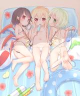 3girls ball beach beachball bikini black_bikini black_hair blonde_hair blush cleft_of_venus closed_mouth female_focus flandre_scarlet flat_chest food from_above full_body green_bikini green_eyes highres holding_ice_cream houjuu_nue ice_cream komeiji_koishi leg_up licking licking_lips light_green_hair loli looking_at_viewer looking_back looking_to_the_side lying micro_bikini multiple_girls on_back on_side on_stomach parted_lips questionable red_eyes sakurea sexually_suggestive swimsuit tongue tongue_out touhou white_bikini // 1316x1575 // 1.4MB