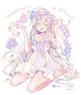 1girl ahoge bangs barefoot blue_flower blush chiya_(urara_meirochou) closed_eyes dated dress flower full_body general hair_between_eyes hands_up harikamo head_wreath long_hair o off_shoulder open_mouth pink_flower purple_flower short_dress simple_background sitting sleeveless sleeveless_dress smile soles solo thank_you toes urara_meirochou very_long_hair wariza white_background white_dress // 1000x1172 // 844.5KB