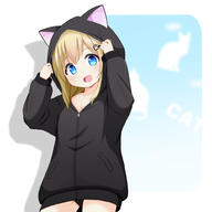 1girl animal_ears animal_hood bangs black_hoodie blonde_hair blue_eyes cat_ears cat_hood collarbone cowboy_shot d drop_shadow eyebrows_visible_through_hair fake_animal_ears fang hands_up hood hood_up hoodie looking_at_viewer mogura2009 no_pants open_mouth original paw_hair_ornament safe simple_background smile solo standing // 1000x1000 // 216.2KB