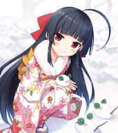 1girl ahoge bangs black_hair blunt_bangs blush clothing cura floral_print food fringe from_above fur-trimmed_kimono girl hachiroku_(maitetsu) high_resolution highres holding japanese_clothes kimono long_hair looking_at_viewer lose maitetsu monobeno outdoors red_eyes s safe sankaku sankaku_channel seishin_himemiya single smile snow snow_bunny snow_rabbit socks solo squat tabi tagme tall_image traditional_clothes very_high_resolution very_long_hair wafuku winter yukata zori // 2977x3343 // 1.4MB