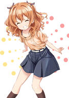 abe_kanari arms_behind_back belt bow bra bra_strap breasts calf_socks closed_eyes commentary danbooru denim denim_skirt dots eyes_closed grin hair_bow high_resolution high_school_fleet highres leaning leaning_forward loose_clothes loose_shirt medium_hair open_mouth orange_hair safe shiny shiny_hair shirt short_sleeves simple_background skirt small_breasts smile socks spread_fingers standing stitches wavy_hair white_belt yanagiwara_maron // 1050x1490 // 582.7KB