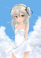 1girl arms_behind_back bare_arms bare_shoulders black_bow black_hairband blue_sky blush bow breasts brown_eyes closed_mouth cloud collarbone commentary_request day dress fanart fanart_from_pixiv female flipper frilled_dress frills girls_und girls_und_panzer grey_hair hair_bow hairband highres long_hair looking_at_viewer one_side_up outdoors panzer_der_film petals pixiv safe sensitive shimada_alice shimada_arisu sky sleeveless sleeveless_dress small_breasts smile solo white_dress // 1000x1412 // 158.0KB
