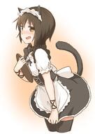 1_female 1girl alternate_costume animal_ears animal_tail black_legwear blush brown_hair cat_ears cat_tail dokka_no_kuni_no_kokuou dress dress_tug ears embarrassed enmaided female female_focus funami_yui gradient gradient_background high_resolution highres holding holding_tray legwear maid maid_headdress mature safe short_hair sideways_mouth simple_background solo tail thigh-highs thighhighs tray yellow_eyes yuru_yuri // 943x1334 // 190.2KB