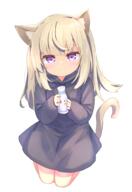 1girl 2d_art animal_ear_fluff animal_ears azunakano1111 blue_dress bottle brown_hair cat_ears cat_girl cat_tail dress highres holding_bottle hoodie_dress kneeling lolibooru long_hair looking_at_viewer milk_bottle original pink_eyes pixiv_90311428 purple_eyes safe senifu silver_hair simple_background smile solo tail white_background こねこちゃん❤ // 1411x2060 // 1.2MB