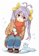 1girl antenna_hair bangs blush brown_coat brown_footwear coat eyebrows_visible_through_hair hair_ribbon highres kawai_makoto long_hair looking_at_viewer mittens miyauchi_renge non_non_biyori o open_mouth pants purple_hair red_eyes red_scarf ribbon safe scarf sidelocks simple_background snow snowflakes snowman solo squatting twintails white_background winter_clothes // 1128x1595 // 535.0KB