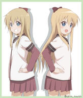 ) 2girls >) bangs blue_eyes bow female grin hair_between_eyes hair_bow hair_ornament hand_on_hip long_hair looking_at_viewer mature multiple_females multiple_girls nanamori_school_uniform open_mouth pleated_skirt pov ren_kon safe sailor_uniform school_uniform schoolgirl_uniform serafuku simple_background skirt smile solo teeth toshinou_kyouko twitter_username uniform v-shaped_eyebrows white_background yuru_yuri // 756x889 // 307.8KB