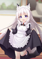 1girl ;d absurdres animal_ears apron clothes_lift dress dress_lift fang fox_ears fox_tail highres lifted_by_self long_hair long_sleeves maid maid_apron maid_headdress mogura2009 one_eye_closed open_mouth original purple_eyes safe smile solo tail very_long_hair // 2508x3541 // 1.9MB