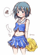 1girl 9675rink alternate_costume arms_behind_back arrow_(symbol) artist_name bangs blue_eyes blue_hair blue_shirt blue_skirt blush bubble_skirt cheerleader collarbone collared_shirt cowboy_shot crop_top d hair_between_eyes hair_ornament hairclip highres mahou_shoujo_madoka_magica medium_hair miki_sayaka navel open_mouth pom_pom_(cheerleading) safe shirt skirt sleeveless sleeveless_shirt solo speech_bubble spoken_squiggle squiggle tareme twitter_username two-tone_shirt white_background white_shirt // 1003x1389 // 920.5KB