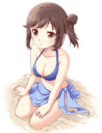 1_female 1girl barefoot bikini blue_bikini breasts brown_eyes brown_hair cleavage commentary_request feet female full_body ichijou_hotaru large_breasts long_hair mitsuki_meia mitsuki_meiya navel non_non_biyori o-ring o-ring_top ponytail safe sand sarong side_ponytail simple_background sitting smile solo stomach swimsuit swimwear tied_hair white_background // 700x917 // 419.4KB