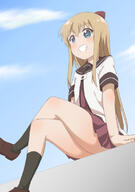 1_female 1girl arm_support bad_id bad_pixiv_id black_legwear blonde_hair blue_eyes bow day female footwear grin hair_bow legwear long_hair mature nanamori_school_uniform outdoors outside ren_kon safe sailor_uniform school_uniform schoolgirl_uniform serafuku shoes sitting smile socks solo teeth thighs toshinou_kyouko uniform yuru_yuri // 578x824 // 232.6KB