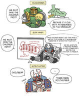 1girl 3boys adeptus_astartes armor baby_carry blood blood_splatter carrying chaos_space_marine emblem english_text glowing glowing_eyes highres holding holding_marker left-to-right_manga marker mick19988 multiple_boys pauldrons power_armor shoulder_armor smile spacecraft speech_bubble warhammer_40k whiteboard // 1920x2330 // 1.3MB