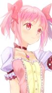 1girl arm_at_side bangs breasts buttons center_frills choker closed_mouth collarbone eyelashes facing_viewer frilled_sleeves frills hair_ribbon homare_(homaredai) kaname_madoka light_blush light_smile looking_afar looking_away magical_girl mahou_shoujo_madoka_magica outstretched_arm parted_bangs pink_eyes pink_hair pink_ribbon puffy_short_sleeves puffy_sleeves red_choker red_ribbon ribbon ribbon_choker safe short_sleeves short_twintails sidelocks simple_background small_breasts smile solo soul_gem twintails upper_body white_background // 500x900 // 432.1KB