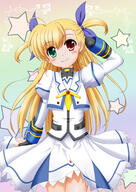 blonde_hair blush cosplay dress fanart female fingerless_gloves flipper from_pixiv gloves green_eyes hand_in_hair heterochromia long_hair long_sleeves looking_at_camera mahou_shoujo_lyrical_nanoha_vivid mobile_wallpaper pixiv red_eyes smile solo takamachi_nanoha_(cosplay) takamachi_vivio two-side-up // 680x962 // 372.7KB