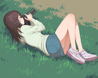 1girl 54_aspect_ratio a1 blue_shorts camera closed_eyes clothing eyes_closed female footwear grass holding holding_camera ichijou_hotaru initial-g legs long_sleeves lying medium_hair non_non_biyori on_side s safe sankaku shirt shoes shorts solo white_footwear // 980x782 // 435.2KB