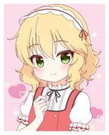 1girl blonde_hair blush claire_chan commentary dress frilled_hairband frills green_eyes hairband highres idolmaster idolmaster_cinderella_girls idolmaster_cinderella_girls_u149 lolita_hairband looking_at_viewer sakurai_momoka short_hair smile solo wavy_hair white_hairband // 1369x1700 // 230.5KB