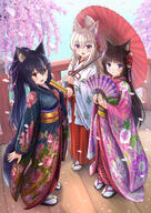 3girls absurdres animal_ear_fluff animal_ears black_footwear black_hair black_kimono blue_eyes blunt_bangs blush brown_eyes brown_footwear brown_hair cat_ears closed_mouth commentary_request d day floral_print folded_ponytail folding_fan fox_ears hair_between_eyes hair_ornament hair_ribbon hairclip hakama hakama_skirt hand_fan highres holding holding_fan holding_umbrella iroha_(iroha_matsurika) japanese_clothes kimono koyoi_(iroha_(iroha_matsurika)) kunoichi-chan_(iroha_(iroha_matsurika)) long_hair miko multiple_girls mutsuki_(iroha_(iroha_matsurika)) obi oil-paper_umbrella open_mouth original outdoors petals pink_kimono print_kimono purple_eyes purple_ribbon railing red_hakama red_umbrella ribbon river sash sensitive skirt smile tabi tail umbrella very_long_hair water white_footwear white_kimono wolf_ears wolf_girl wolf_tail x_hair_ornament zouri // 1765x2500 // 1.5MB