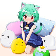 1girl animal_ear_fluff animal_ears bangs bell between_legs blue_dress blush cat_ornament clock dress earrings extra_ears fried_egg frilled_dress frills green_hair hand_between_legs hololive jewelry looking_at_viewer medium_hair mogura2009 neck_bell pillow red_eyes safe sensitive simple_background sitting sleeveless solo stuffed_animal stuffed_toy tail uruha_rushia virtual_youtuber wariza 藻蔵（もぐら） // 900x900 // 429.8KB