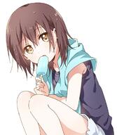 1_female 1girl armpit_peek blue_shirt blue_towel brown_eyes brown_hair commentary_request dot_nose eyebrows eyebrows_visible_through_hair eyelashes female female_focus food funami_yui gari_gari-kun general hair_between_eyes hair_pulled_back holding holding_food hot ice_cream jpeg_artifacts legwear light_brown_eyes looking_at_viewer mature namori o open_mouth popsicle pov safe sensitive shirt short_hair shorts simple_background sleeveless sleeveless_shirt solo squatting tareme towel towel_around_neck wet wet_hair white_background white_shorts yuru_yuri // 646x741 // 59.5KB