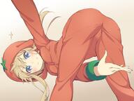 1_female 1girl 43_aspect_ratio arm_up ass bent_over between_legs blonde blonde_hair blue_eyes blush commentary female from_behind gradient gradient_background hand_between_legs long_hair long_sleeves looking_at_viewer mature michairu nightwear one_arm_up pajamas pantylines pov safe sankaku_channel simple_background smile solo sparkle tomato_costume toshinou_kyouko yuru_yuri // 1200x900 // 100.7KB