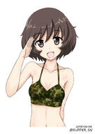 akiyama_yukari bikini_top brown_eyes brown_hair camouflage_print cleavage collarbone exposed_shoulders fanart fanart_from_pixiv female flipper girls_und_panzer pixiv saluting short_hair solo // 700x988 // 142.5KB