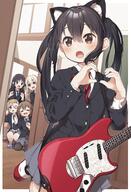 5girls =_= absurdres akiyama_mio animal_ears black_hair blonde_hair blue_eyes brown_eyes brown_hair cat_ears clothing commentary electric_guitar eyebrows eyebrows_visible_through_hair fake_animal_ears female fender_mustang finger_frame footwear guitar hair_ornament hairclip heart heart_hands high_resolution highres hirasawa_yui indoors instrument k-on! kneeling kotobuki_tsumugi kusaka_shi long_hair miniskirt multiple_girls nakano_azusa nekomimi peeking peeking_out pleated_skirt s safe sakuragaoka_high_school_uniform sankaku school school_uniform seifuku sensitive shoes skirt slip-on_shoes squatting tainaka_ritsu thick_eyebrows tied_hair twintails uniform uwabaki very_high_resolution yukie_(kusaka_shi) 日下氏 // 1945x2848 // 865.2KB