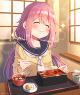 1girl ^_^ bangs blush bowl chopsticks closed_eyes collarbone commentary cup eating eyes_closed general hair_intakes head_tilt highres indoors kagamihara_nadeshiko long_hair low_twintails mozukun43 pink_hair safe school_uniform serafuku smile solo sparkle t teacup twintails twitter_username unajuu_(food) yurucamp // 1080x1280 // 660.6KB