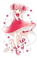 1girl animal_ears ankle_ribbon argyle argyle_background arms_behind_back ayumaru_(art_of_life) blush bow collared_dress creature dot_nose dress fake_animal_ears fake_tail floral_background flower frilled_dress frilled_shirt_collar frills full_body hair_ribbon highres kaname_madoka kyubey leg_ribbon light_particles long_sleeves looking_at_viewer mahou_shoujo_madoka_magica mary_janes neck_ribbon pantyhose pink_eyes pink_hair polka_dot polka_dot_dress puffy_long_sleeves puffy_sleeves red_dress red_flower red_footwear red_ribbon red_theme ribbon shiny shiny_hair shoes short_dress short_twintails simple_background skirt smile solo tail tareme twintails white_background white_pantyhose // 1000x1573 // 177.2KB