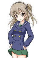 1_female 1girl bangs black_hairband black_ribbon blue_jacket blush breasts brown_eyes brown_hair buttons closed_mouth collarbone cowboy_shot danbooru double-breasted eyebrows eyebrows_visible_through_hair female flipper girls_und_panzer girls_und_panzer_der_film green_skirt hair_between_eyes hair_ribbon hairband hands_on_hips hands_on_own_hips hips jacket long_hair long_sleeves one_side_up ooarai_school_uniform pleated_skirt ribbon safe school_uniform sensitive shimada_alice shimada_arisu simple_background skirt sleeves_past_wrists small_breasts smile solo uniform white_background // 800x1130 // 114.9KB