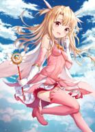 1girl absurdres bangs bare_shoulders blonde_hair blue_sky blush boots breasts clothing cloud clouds cloudy_sky commentary_request d day detached_sleeves dress eyebrows_visible_through_hair fategrandorder fatekaleid_liner_prisma_illya fatestay_night fate_(series) fate_kaleid_liner_prisma_illya feather_hair_ornament feathers female fgo foot_out_of_frame foot_up footwear gloves hair_ornament heels highres holding holding_wand illyasviel_von_einzbern legwear lolibooru long_hair looking_at_viewer magical_girl magical_ruby msms4651 no_bra open-mouth_smile open_mouth outdoors pink_dress pink_legwear pink_thighhighs prisma_illya red_eyes safe sensitive shiny shiny_skin skirt_lift sky small_breasts smile solo teeth thigh-highs thigh_boots thighhighs two_side_up upper_teeth upper_teeth_only wand weapon white_gloves zeroillya しろくま イリヤ イリヤお誕生日おめでとう!!!🎉🎉 イリヤスフィール(プリズマ☆イリヤ) イリヤスフィール・フォン・アインツベルン サイハイブーツ プリズマ☆イリヤ 手袋 // 2664x3673 // 8.7MB