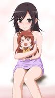 1_female 1girl aliasing bare_shoulders black_hair blush brown_eyes character_doll commentary_request female hayashiya_zankurou ichijou_hotaru koshigaya_komari long_hair looking_at_viewer mature naked_towel non_non_biyori pov safe simple_background sitting smile solo towel white_background // 602x1073 // 205.5KB