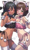 2girls ;) ;d animal_ears animal_print asymmetrical_docking bikini blush breast-to-breast breast_press breasts cat_ears cat_tail cleavage clothing dark-skinned_female dark_skin fang female frilled_bikini frilled_swimsuit frills headdress headwear high_resolution highleg highleg_bikini highleg_swimsuit highres idolmaster idolmaster_cinderella_girls legwear looking_at_viewer maekawa_miku maid_headdress medium_breasts multiple_girls natalia_(idolmaster) navel nyan one_eye_closed open_mouth paw_print pom_pom_(clothes) questionable sensitive simple_background smile stomach swimsuit tail thigh_strap thighhighs trente twitter_username white_background white_legwear white_thighhighs wink wrist_cuffs // 1234x2000 // 367.3KB