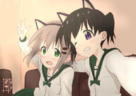 2girls animal_ears blush cat_ears clenched_teeth ears female green_eyes grey_hair hair_tie hairband kohshibasaki kohshibasaki-the-escaper kohsibasaki kuraue_hinata multiple_females multiple_girls open_mouth pixiv_67946996 purple_eyes safe school_uniform short_hair signature teeth tied_hair twintails uniform wink yama_no_susume yukimura_aoi あおひな ヤマノススメ 一緒に歌おう！ 倉上ひなた 柴﨑コウ 雪村あおい // 1505x1062 // 847.9KB
