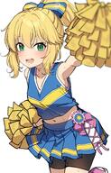 1girl absurdres bike_shorts_under_skirt blonde_hair bow cheerleader collarbone cropped_shirt foreshortening hair_bow highres holding holding_pom_poms idolmaster idolmaster_cinderella_girls looking_at_viewer midriff miniskirt navel pleated_skirt pom_pom_(cheerleading) pom_poms ponytail sakurai_momoka shirt sidelocks simple_background skirt sleeveless sleeveless_shirt solo spats sweatdrop white_background // 2619x4096 // 912.6KB