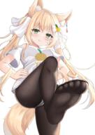 1girl absurdres animal_ear_fluff animal_ears animal_tail ass bent_knee_(knees) black_pantyhose blonde_hair blush bow breasts cameltoe earrings feet female female_focus fingernails flower_(flowers) food_print foot_focus fox_ears fox_girl fox_tail fringe from_below girl green_eyes hair_between_eyes hair_flower hair_ribbon hands_on_hips high_resolution highres jewelry kurashina_yuzuki large_filesize leg_lift_(legs_lift) licking licking_lips light_erotic long_hair looking_at_viewer medium_breasts multicolored_hair nail_polish no_shoes original panties panties_under_pantyhose pantsu pantyhose payot pink_nails pov_feet presenting_foot puzzle_&_dragons puzzle_and_dragons q questionable ribbon_(ribbons) sensitive short_sleeves simple_background single sitting smile soles solo standing standing_on_one_leg t-shirt tail tall_image toe_seam toes tongue tongue_out two-tone_hair underwear very_high_resolution very_long_hair viewed_from_below white_background white_panties // 2894x4093 // 5.7MB