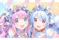 2020 2_girls 2girls absurd_res absurdres alternate_costume animal_ear_fluff animal_ears animal_humanoid anime-pictures.net bangs bare_shoulders blue_hair blush braid brown_eyes bubble bubble_(bubbles) bunny_ears bunny_girl candy candy_hair_ornament candy_wrapper clothed clothing commentary_request detached_collar don-chan_(usada_pekora) duo ears easter easter_egg egg english eyebrows eyebrows_visible_through_hair female food-themed_hair_ornament food_themed_hair_ornament fringe fur fur_collar fur_trim garrison_cap general girl green_eyes hair hair_between_eyes hair_ornament hair_rings hairband hairclip heterochromia highres himemori_luna holidays hololive long_hair looking_at_viewer luna_himemori multiple_females multiple_girls one_side_up open_mouth open_smile payot purple_eyes purple_hair rabbit_ears red_eyes round_teeth safe short_eyebrows simple_background smile strapless sweets symbol-shaped_pupils teeth text thick_eyebrows twin_braids upper_body upper_teeth usada_pekora virtual_youtuber zuho zuho_(vega) // 4093x2767 // 11.0MB
