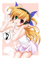 blonde_hair blush bows_(fashion) dress exposed_shoulders fanart fanart_from_pixiv female flipper green_eyes hair_bow headphones heterochromia long_hair looking_at_camera mahou_shoujo_lyrical_nanoha_vivid mobile_wallpaper music music_note pixiv red_eyes sleeveless sleeveless_dress smile solo speech_bubble takamachi_vivio two-side-up white_dress // 680x961 // 241.1KB