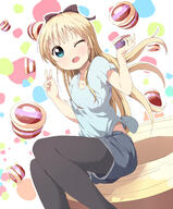 1_female 1girl ;d black_legwear blonde_hair blue_eyes blush casual clothing d fashion female food hair_ornament hair_ribbon high_resolution highres ice_cream legwear legwear_under_shorts long_hair looking_at_viewer mature one_eye_closed open-mouth_smile open_mouth pantyhose pov ribbon rum_raisin s safe sankaku shirt shorts sitting smile solo t-shirt tata_(tataice) toshinou_kyouko v wink yuru_yuri // 1062x1280 // 939.2KB