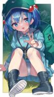 1girl absurdres backpack bag bangs blue_dress blue_eyes blue_hair blush boots breasts buckle bush collar collared_dress d dress eyebrows_visible_through_hair eyelashes frilled_collar frills full_body hair_between_eyes highres kawashiro_nitori key long_sleeves looking_at_viewer md5_mismatch medium_breasts open_mouth panties safe sakaki_(utigi) short_hair sitting smile solo touhou two_side_up underwear v white_panties // 1456x2608 // 2.7MB