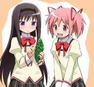 10s 2girls akemi_homura black_hair blue_eyes blush bow d duo female hair_ornament hair_ribbon hair_tie hairband kaname_madoka long_hair madoka_magica mahou_shoujo_madoka_magica mature multiple_females multiple_girls open_mouth pink_eyes pink_hair plaid ribbon safe sankaku_channel school_uniform short_hair short_twintails skirt smile tied_hair twintails uniform youkan // 750x700 // 213.3KB